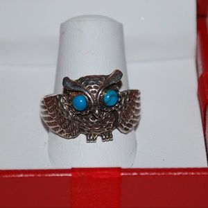 Sterling Owl Ring w/Turquoise Eyes - Size 9 1/4